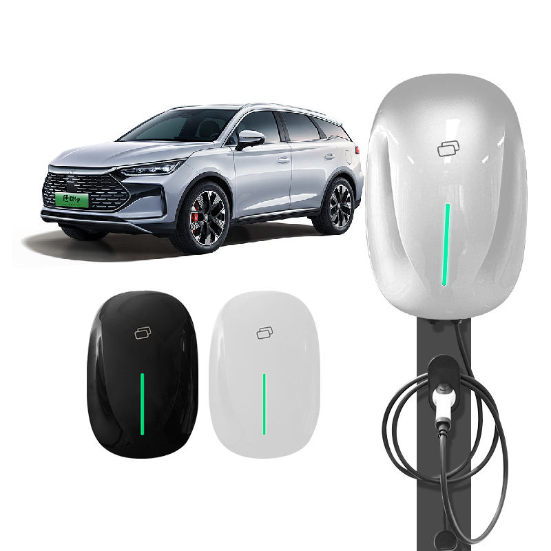 Type 2 charger in silver pedestal, black, and white finishes